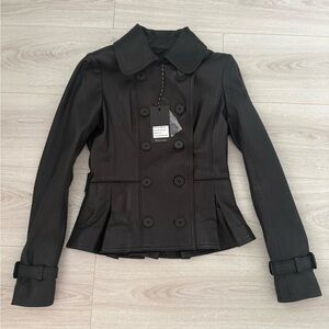 Brand New Chic Black Genuine Leather Double-Breasted Jacket